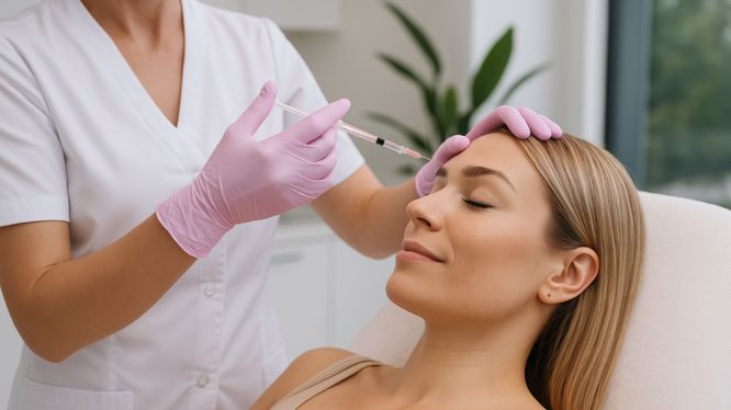 Eine Frau erhält eine Botox-Injektion in der Stirn in einer modernen Praxis in Hanau. Die Ärztin trägt rosa Handschuhe und weiße Kleidung.

