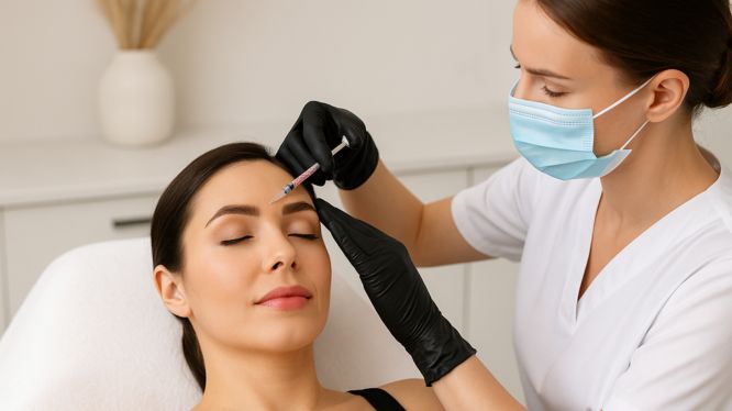 Eine Ärztin injiziert einer Patientin eine Botox-Behandlung in die Stirn, in einer modernen ästhetischen Klinik in Hanau.