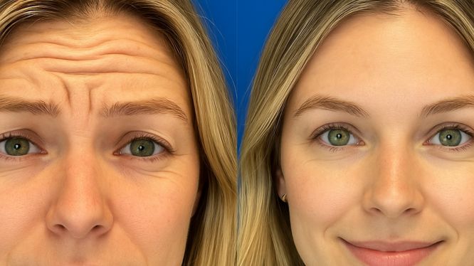 Vorher-Nachher-Vergleich einer Frau nach einer Botox-Behandlung: links mit ausgeprägten Stirnfalten, rechts mit glatter, entspannter Haut.
