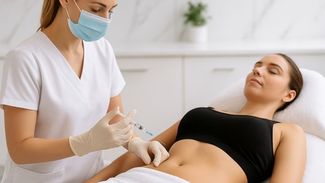 Eine Kosmetikerin verabreicht einer entspannten Patientin eine Fett-weg-Spritze in den Bauchbereich in einer modernen ästhetischen Klinik.