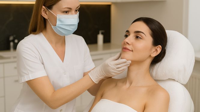Ärztin untersucht das Gesicht einer jungen Frau vor einer Hyaluron- oder Profhilo-Behandlung in moderner ästhetischer Klinik in Hanau