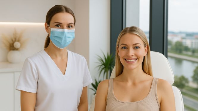 Eine zufriedene Patientin sitzt nach einer Botox-Behandlung neben ihrer Ärztin mit Mundschutz in einer modernen Praxis in Hanau.

