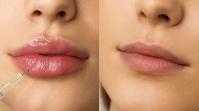 Vorher-Nachher-Bild einer Lippenvergrößerung mit Hyaluronsäure 
