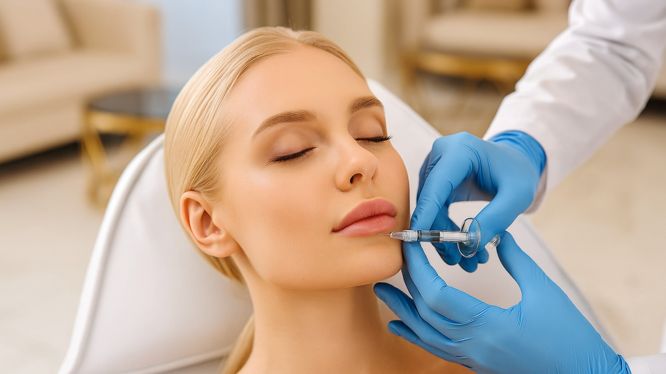 Blonde Frau erhält eine Lippenunterspritzung mit Hyaluronsäure durch eine medizinische Fachkraft mit blauen Handschuhen in einer eleganten Klinik.