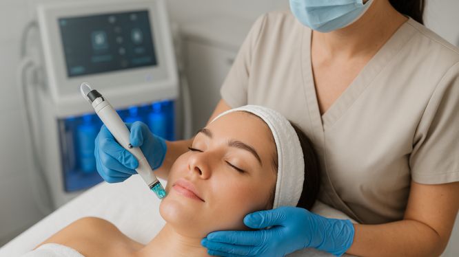Kosmetikerin führt eine Hydrafacial-Behandlung bei einer entspannten Patientin in moderner Klinik in Hanau durch