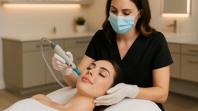 Kosmetikerin führt eine Hydrafacial-Behandlung bei einer entspannten Kundin in einer modernen, luxuriösen Klinik in Hanau durch. Beide tragen Schutzmaske und Handschuhe.