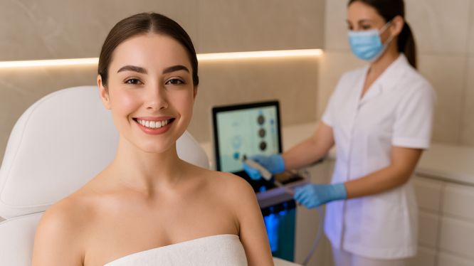 Junge Frau mit strahlender Haut lächelt zufrieden nach einer Hydrafacial-Behandlung in einer modernen Klinik in Hanau, im Hintergrund eine Kosmetikerin mit Schutzmaske und Handschuhen vor einem Hydrafacial-Gerät.