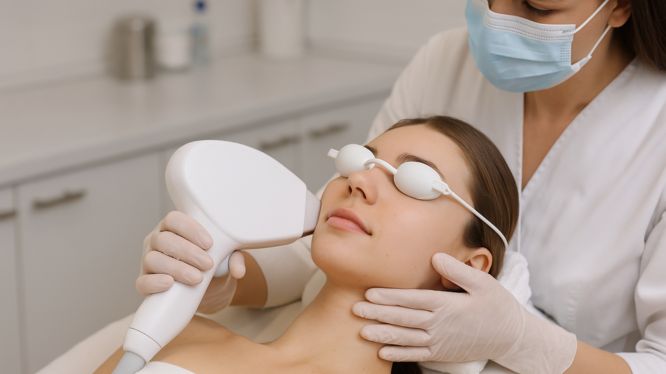 IPL-Laserbehandlung zur Hautverjüngung: Kosmetikerin behandelt das Gesicht einer Patientin mit Lichtimpulsen in Hanauer Klinik