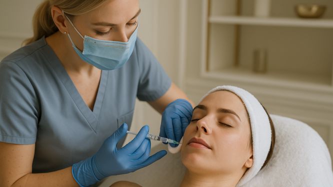 Kosmetikerin injiziert Vitamin- und Hyaluronsäure-Cocktail in die Gesichtshaut einer Patientin während einer Mesotherapie in Hanau

