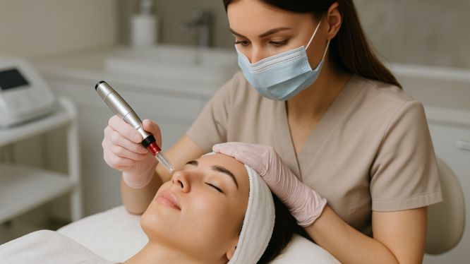 Kosmetikerin wendet Microneedling-Gerät auf die Wange einer jungen Frau in einer ästhetischen Klinik in Hanau an