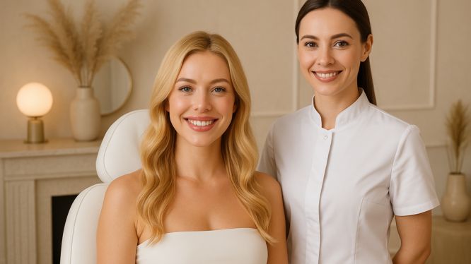 Blonde Patientin lächelt zufrieden nach einer Lippenbehandlung, neben ihr steht die behandelnde Fachkraft in einer modernen, eleganten Klinik.

