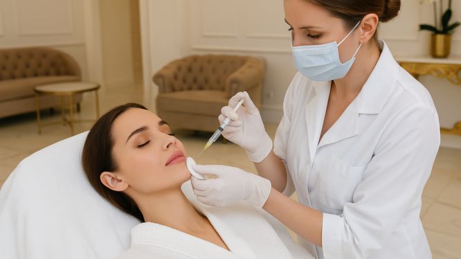 Kosmetische Lippenunterspritzung in einer luxuriösen Klinik in Hanau – eine Ärztin mit Mundschutz injiziert Hyaluron bei einer entspannten Patientin.