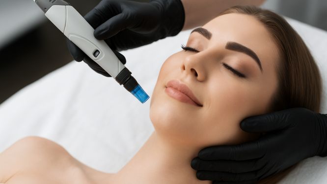 Hydrafacial-Gesichtsbehandlung mit modernen Gerät und schwarzen Handschuhen – junge Frau entspannt sich während der hautverjüngenden Prozedur