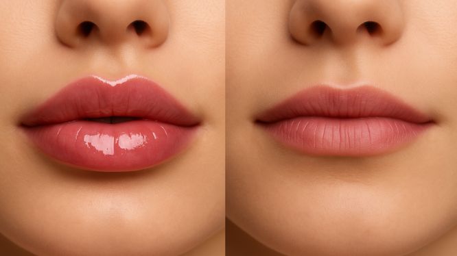 Vergleichsbild von Lippen vor und nach der Unterspritzung mit Hyaluron – links mit glänzendem Filler, rechts natürlich matt.