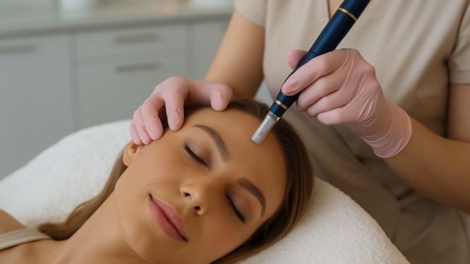 Professionelle Microneedling-Behandlung bei einer entspannten Patientin in moderner Klinik – effektive Methode zur Hautverjüngung ohne OP