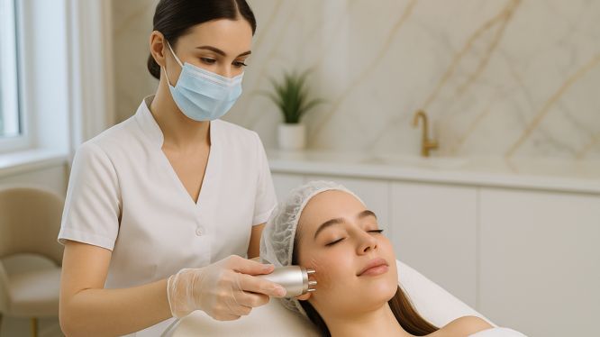 Junge Frau mit Haarnetz erhält eine Radiofrequenz-Microneedling-Behandlung von einer Kosmetikerin mit Schutzmaske in einer modernen, luxuriösen Schönheitsklinik mit Marmorwänden und eleganter Einrichtung.