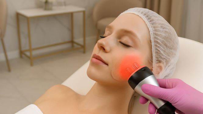 Junge blonde Frau erhält eine RF-Needling-Behandlung in einer modernen, luxuriösen Schönheitsklinik. Die Kosmetikerin trägt rosa Handschuhe und verwendet ein Radiofrequenzgerät auf der Wange der entspannt liegenden Kundin.