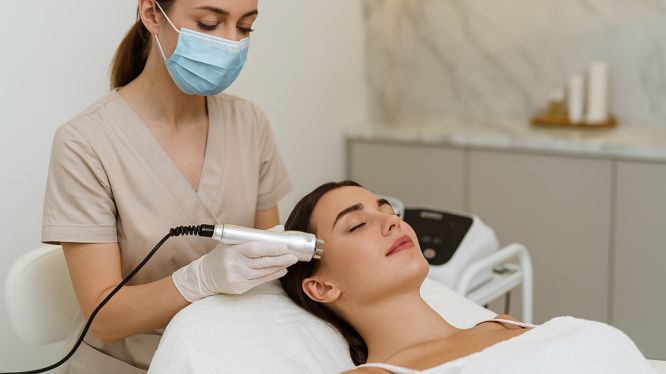 Kosmetikerin mit medizinischer Maske führt eine RF-Needling-Behandlung bei einer jungen Frau in einer luxuriösen ästhetischen Klinik durch. Die Kundin liegt entspannt auf einer Liege, während das Radiofrequenzgerät an ihrer Wange angesetzt wird.