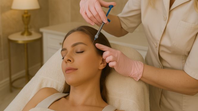 Ärztin verabreicht einer entspannten Patientin eine Sculptra®-Injektion im Gesicht in einer luxuriösen Klinik – minimalinvasives Anti-Aging ohne OP