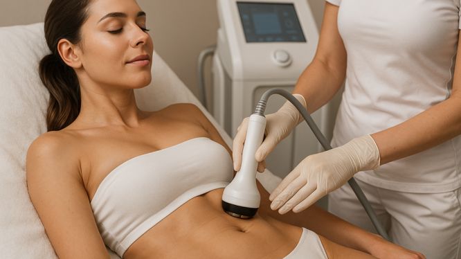 Frau erhält eine nicht-invasive Radiofrequenzbehandlung am Bauch, bei der das Radiofrequenzgerät Energie auf die Haut anwendet. Die Frau liegt entspannt mit geschlossenen Augen, während der Behandlung von einem Fachmann durchgeführt wird.