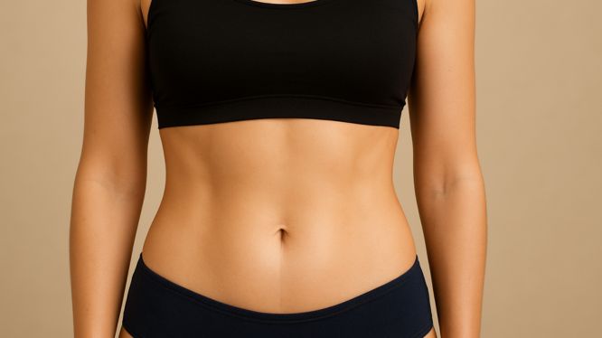 Lächelnde Frau erhält RF Sculpt Behandlung in einer luxuriösen Klinik. Der Gesundheitsfachmann trägt eine Maske und Handschuhe und wendet die Behandlung auf den Bauch der entspannten und glücklichen Patientin an