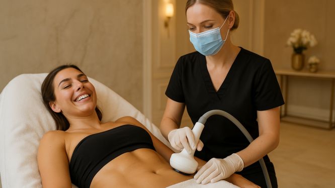 Lächelnde Frau erhält eine RF Sculpt Körperbehandlung in einer luxuriösen Klinik. Der Gesundheitsfachmann trägt eine Maske und Handschuhe und wendet die Behandlung auf den Bauch der Patientin an, die entspannt auf der Liege in einer warmen und eleganten Umgebung liegt