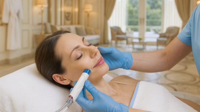 Frau erhält eine professionelle Gesichtsbehandlung mit einem speziellen Gerät in einer modernen und luxuriösen Schönheitsklinik, betreut von einer Fachkraft mit Handschuhen.
