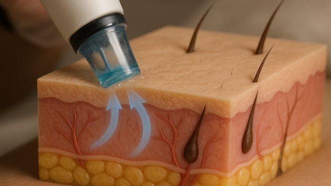 Hydrafacial-Gerät führt eine Tiefenreinigung der Haut durch, dargestellt mit einem Querschnitt der Hautschichten und der Absaugung von Unreinheiten.