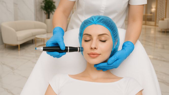 Frau entspannt sich während einer Hydrafacial-Gesichtsbehandlung, durchgeführt von einer Kosmetikerin mit Handschuhen und modernem Gerät für Hautpflege.