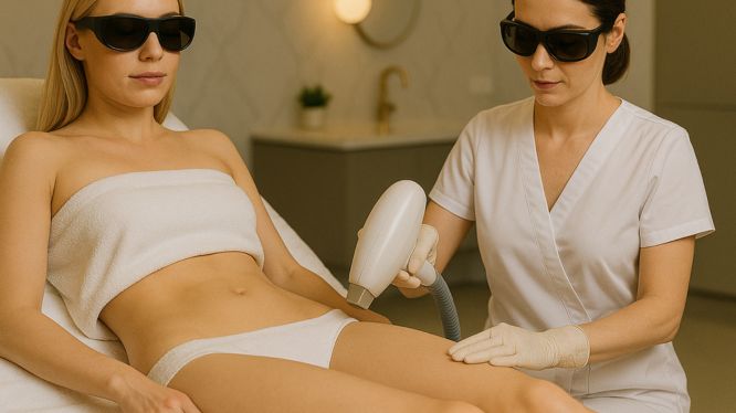Blonde Frau mit Schutzbrille erhält eine Laser-Haarentfernung im Bikinibereich und am Bauch in einer modernen und luxuriösen Klinik, durchgeführt von einer Spezialistin mit Schutzbrille.