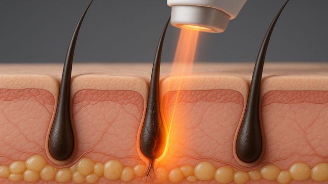 3D-Illustration eines Haarfollikels während einer Laser-Haarentfernung, bei der der Laserstrahl gezielt auf die Haarwurzel wirkt.