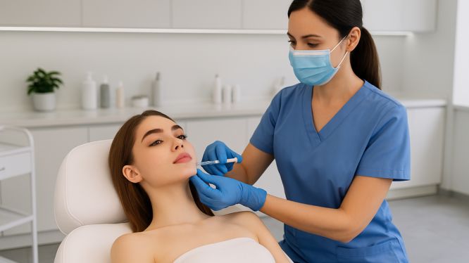 Ärztin injiziert Botox in den Masseter-Muskel einer Patientin zur Behandlung von Bruxismus (Zähneknirschen) in Hanau.