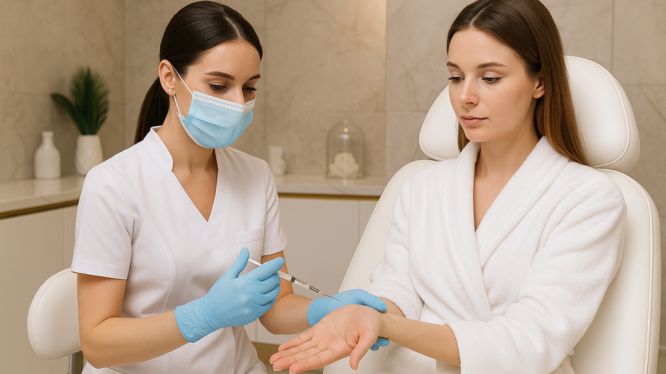 Botox-Behandlung gegen Schwitzen an den Händen in einer modernen Klinik in Hanau, durchgeführt von einer Ärztin mit Handschuhen und Mundschutz.