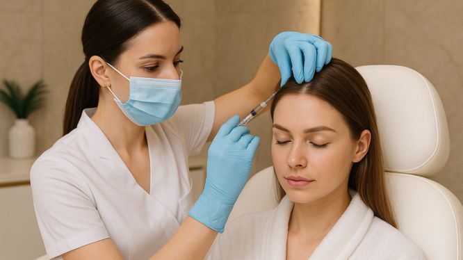 Botox-Injektion zur Behandlung von Stirnfalten in einer modernen Klinik in Hanau, verabreicht von einer Ärztin mit Handschuhen und Mundschutz.