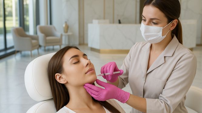 Ärztin mit Schutzmaske injiziert Botox in den Kieferbereich einer Patientin zur Behandlung von Bruxismus (Zähneknirschen) in Hanau.