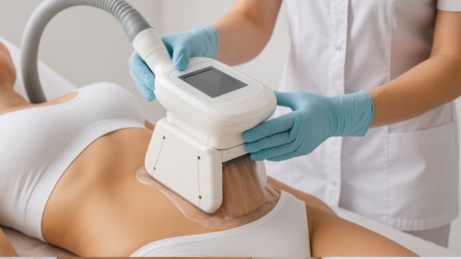 Frau unterzieht sich einer Kryolipolyse-Behandlung am Bauch mit einem modernen Gerät, angewendet von einer Fachkraft in einer Schönheitsklinik.