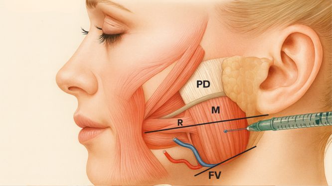 Medizinische Illustration einer Botox-Injektion in den Masseter-Muskel mit sichtbaren anatomischen Strukturen zur Behandlung von Bruxismus in Hanau.