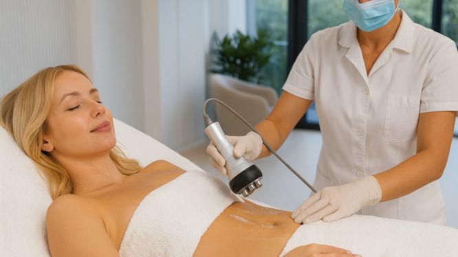 Frau erhält eine Radiofrequenzbehandlung am Bauch in einer Schönheitsklinik, durchgeführt von einer Fachkraft mit Maske und Handschuhen.