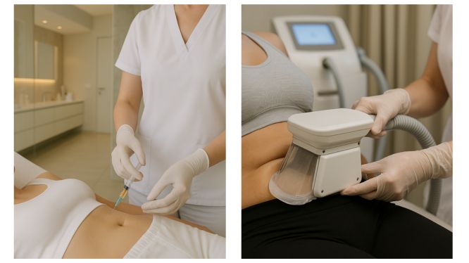 Zwei Bilder zeigen den Vergleich zwischen Fett-weg-Spritze und Kryolipolyse in einer modernen ästhetischen Klinik in Hanau. Links injiziert eine Fachkraft mit Handschuhen eine Fett-weg-Spritze in den Bauchbereich einer Patientin, während rechts eine Kryolipolyse-Behandlung mit einem Kälte-Applikator durchgeführt wird. Beide Szenen zeigen eine saubere, professionelle Umgebung mit warmem Licht.
