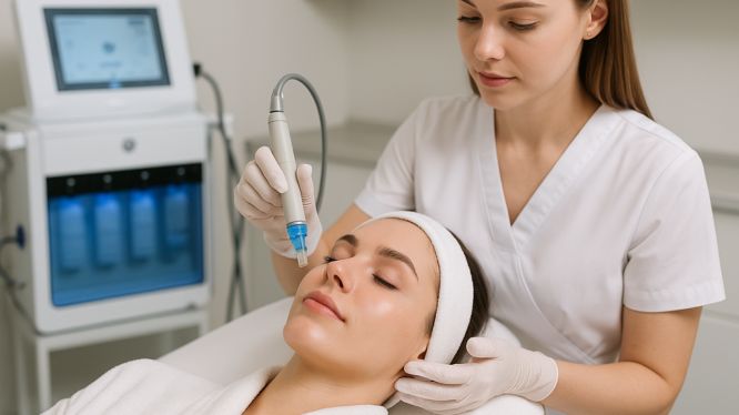Frau erhält eine Hydrafacial-Gesichtsbehandlung in Hanau, durchgeführt von einer Kosmetikerin mit modernem Hautpflegegerät, für strahlende und gepflegte Haut.