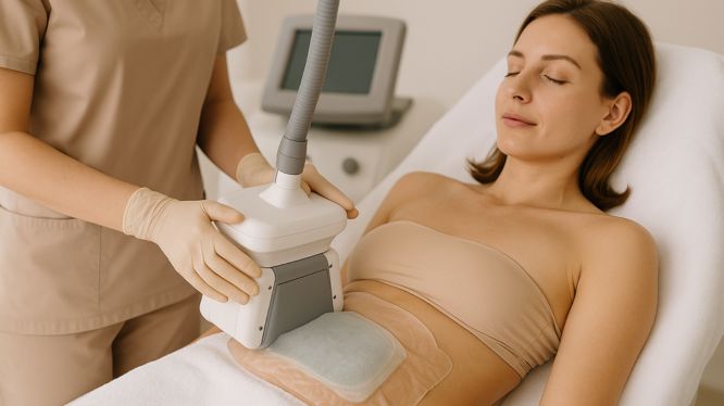 Eine Frau liegt entspannt auf einer Behandlungsliege in einer modernen Klinik in Hanau, während eine Fachkraft eine Kryolipolyse-Behandlung am Bauch durchführt. Das Kryolipolyse-Gerät kühlt das Fettgewebe sanft, um Fettzellen zu reduzieren. Die Atmosphäre ist ruhig, professionell und von warmem Licht durchflutet.