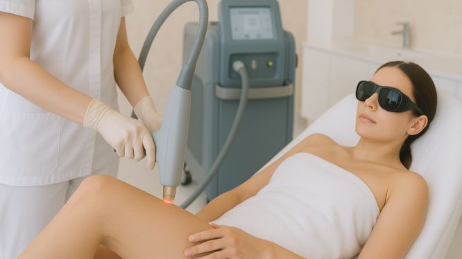 Professionelle Laserhaarentfernung an den Beinen in Hanau mit moderner Technologie und Hautschutzbrille