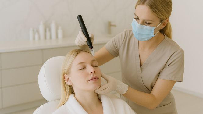 Kosmetikerin führt in Hanau eine Microneedling-Gesichtsbehandlung bei einer Frau durch, um die Kollagenproduktion anzuregen und die Hautstruktur zu verbessern.