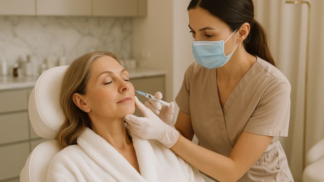 Kosmetikerin injiziert einer reifen Frau in Hanau eine Profhilo-Anti-Aging-Behandlung, um die Haut zu straffen, zu hydratisieren und natürlich zu verjüngen.