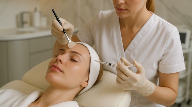 „Kosmetikerin trägt ein chemisches Peeling auf, während sie eine Hyaluronbehandlung vorbereitet – kombinierte Anti-Aging-Gesichtsbehandlung in moderner Praxis in Hanau.