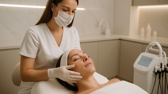 „Kosmetikerin führt eine professionelle Gesichtsbehandlung in Hanau durch – entspannte Patientin während einer Anti-Aging- und Hautverjüngungsbehandlung in moderner Praxis.