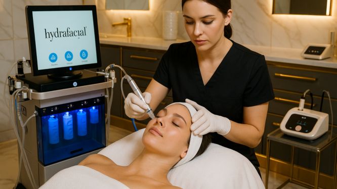 „Kosmetikerin führt eine professionelle Hydrafacial-Gesichtsbehandlung in moderner Praxis in Hanau durch – Patientin entspannt während der Hautreinigung und Hautverjüngung.
