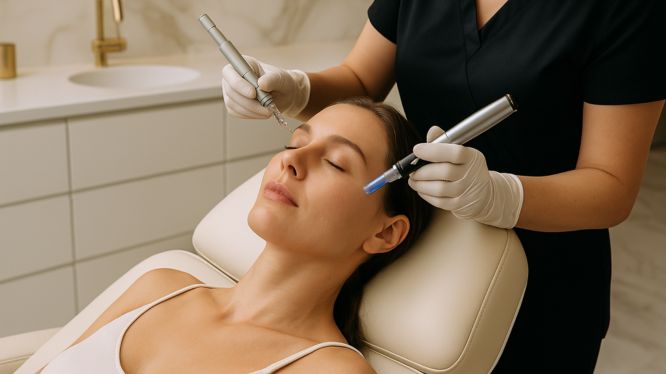 „Fachkosmetikerin führt eine kombinierte Hydrafacial- und RF-Needling-Behandlung an einer entspannten Patientin in Hanau durch – moderne Anti-Aging-Gesichtsbehandlung.