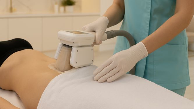 Nahaufnahme einer Kryolipolyse-Behandlung in einer modernen Klinik in Hanau. Eine Fachkraft trägt Handschuhe und bedient vorsichtig das Kryolipolyse-Gerät am Bauch der Patientin.