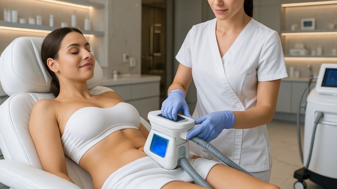 Frau entspannt sich während einer Kryolipolyse-Behandlung in einer modernen, luxuriösen Klinik in Hanau. Die Ärztin trägt Handschuhe und bedient ein hochmodernes Kryolipolyse-Gerät in eleganter Umgebung.